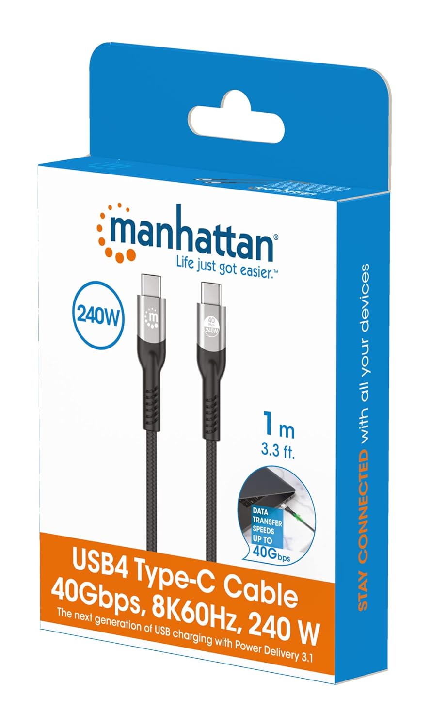 Manhattan USB4 Type-C Cable 40Gbps, 8K60Hz, 240W 3.3 Ft (1m) - Model 356374
