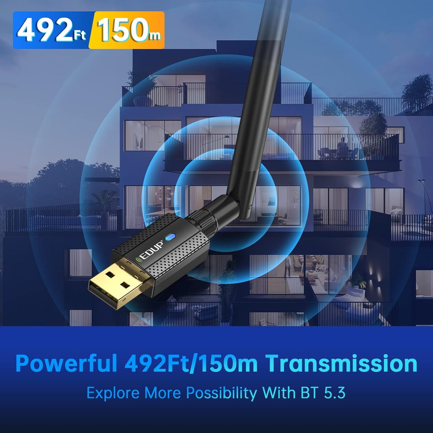 USB Bluetooth 5.3 Adapter for PC, Driver Free, Long Range 492FT / 150M Bluetooth Stick Receiver & Transmitter Compatible with Windows 11/10/8.1, (Need to Disable Built-in Bluetooth of PC) - Black