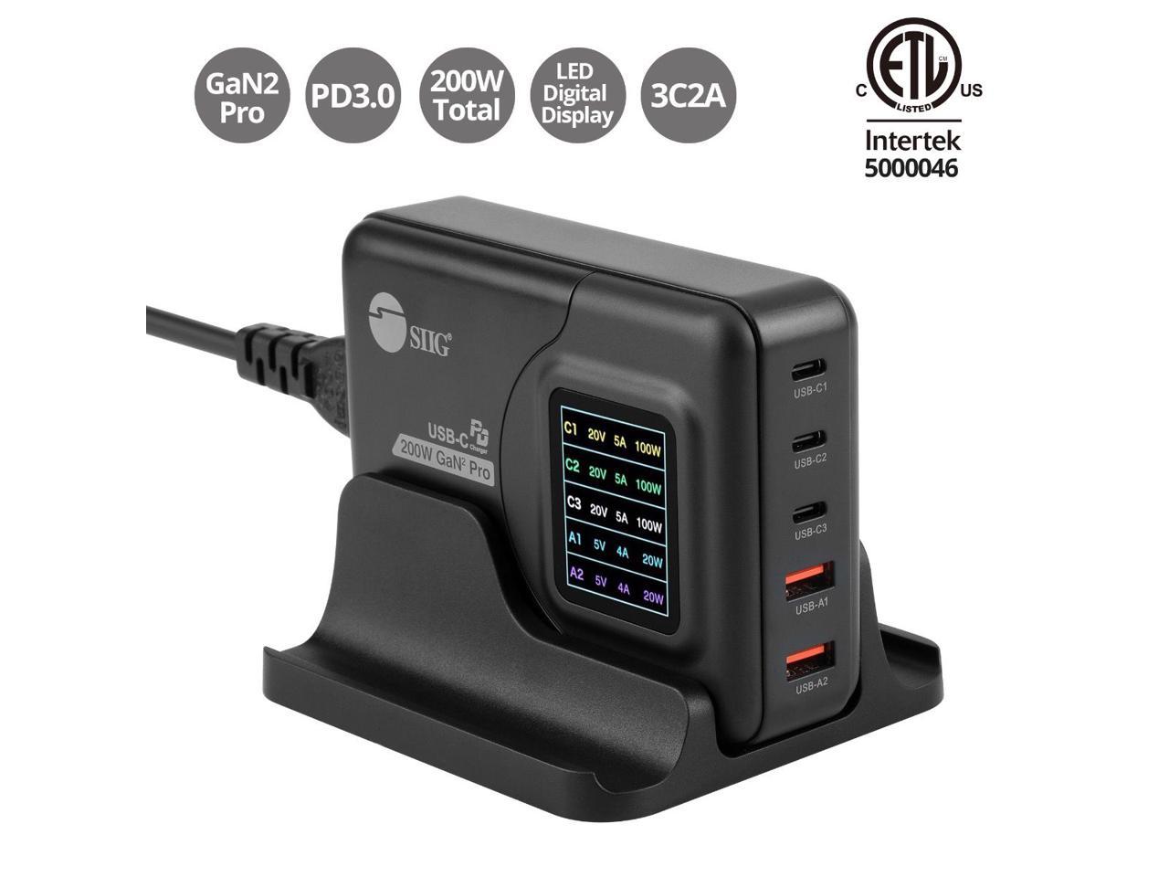 SIIG 200W GaN PD Charger with Charging Display - 3x USB-C + 2x USB-A - USB-C Power Adapter - Portable USB Type-C Charger - Black AC-PW1Y11-S1