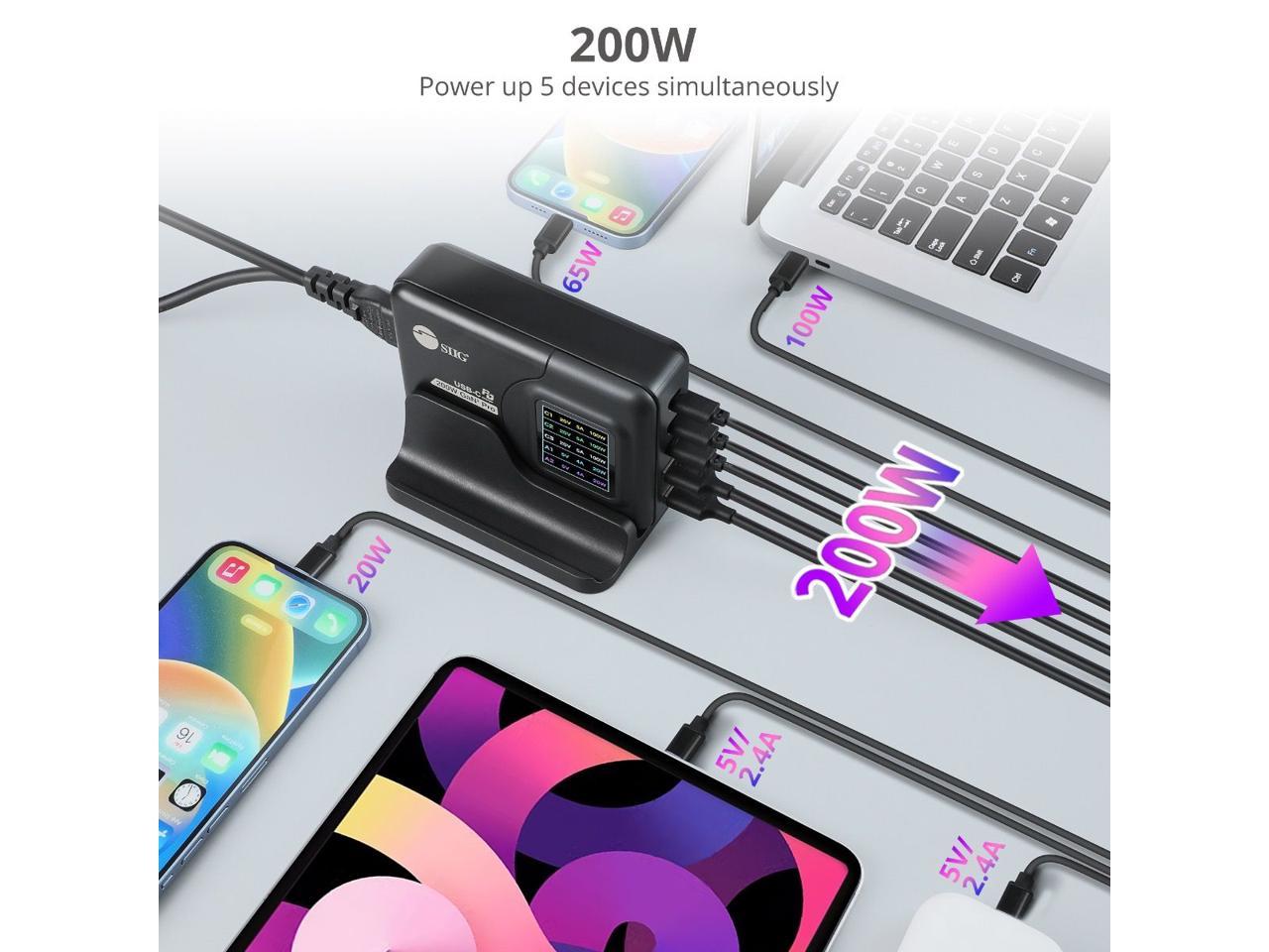 SIIG 200W GaN PD Charger with Charging Display - 3x USB-C + 2x USB-A - USB-C Power Adapter - Portable USB Type-C Charger - Black AC-PW1Y11-S1
