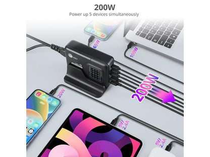 SIIG 200W GaN PD Charger with Charging Display - 3x USB-C + 2x USB-A - USB-C Power Adapter - Portable USB Type-C Charger - Black AC-PW1Y11-S1