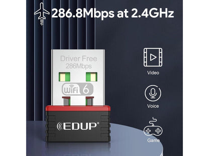 EDUP 802.11ax Nano USB WiFi 6 Adapter for PC, EDUP 2.4G 300Mbps Wireless Mini USB WiFi-Adapter for Laptop Desktop PC, Travel Size Driver-Free USB WiFi Dongle, Support Windows 11/10/7