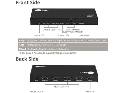 SIIG 4 Port HDMI 2.0 HDR Splitter with EDID and Downscaling CEH26C11S1