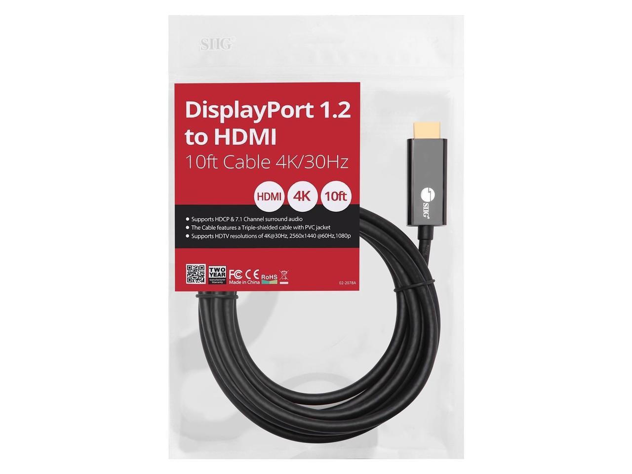 SIIG DisplayPort 1.2 to HDMI 10ft Cable 4K/30Hz - 10 ft DisplayPort/HDMI A/V Cable for Audio/Video Device, HDTV, PC, Monitor, Notebook, Desktop Computer - First End: 1 x 20-pin DisplayPort Male Digita