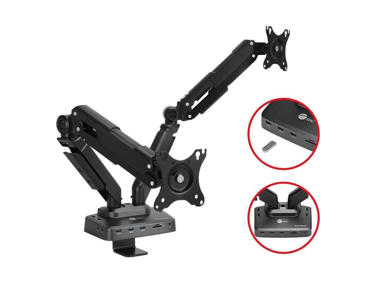 SIIG Dual Gas Spring Monitor Arm Desk Mount with 4K Docking Station & PD - Unique Dual Moniter Desk Mount and Docking Station combo design, gives you dual-display visuals and multiple peripheral c