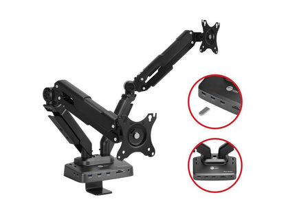 SIIG Dual Gas Spring Monitor Arm Desk Mount with 4K Docking Station & PD - Unique Dual Moniter Desk Mount and Docking Station combo design, gives you dual-display visuals and multiple peripheral c