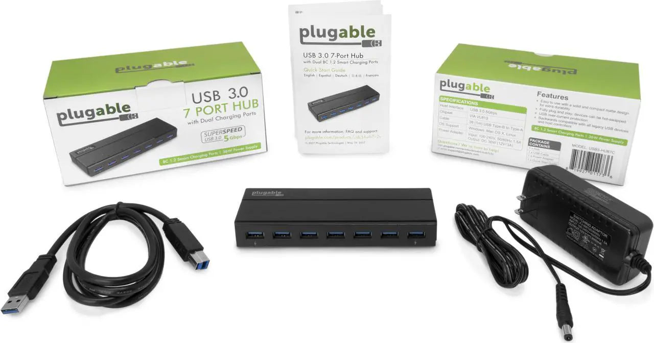 Plugable USB 3.0 7-Port Hub with 2 BC 1.2 Charging Ports and 36W Power Adapter - Model USB3-HUB7C