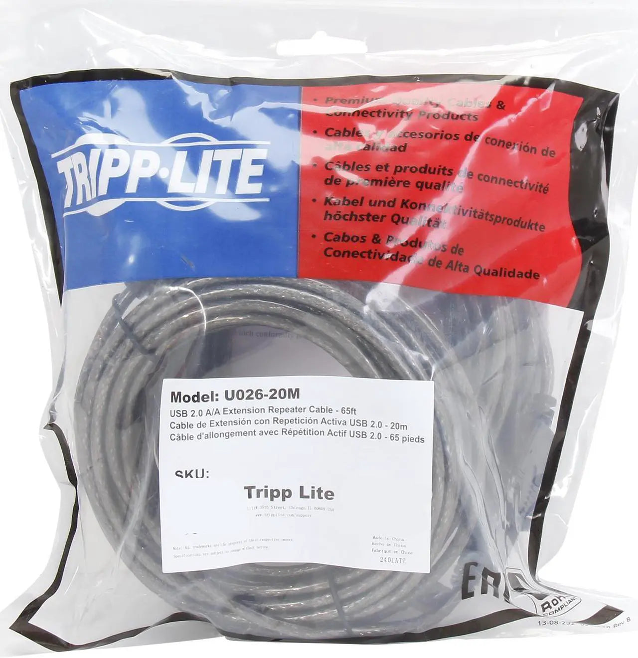 Tripp Lite USB 2.0 Hi-Speed Active Extension Repeater Cable (M/F), USB Type-A, 20M (65-ft.) - Model U026-20M