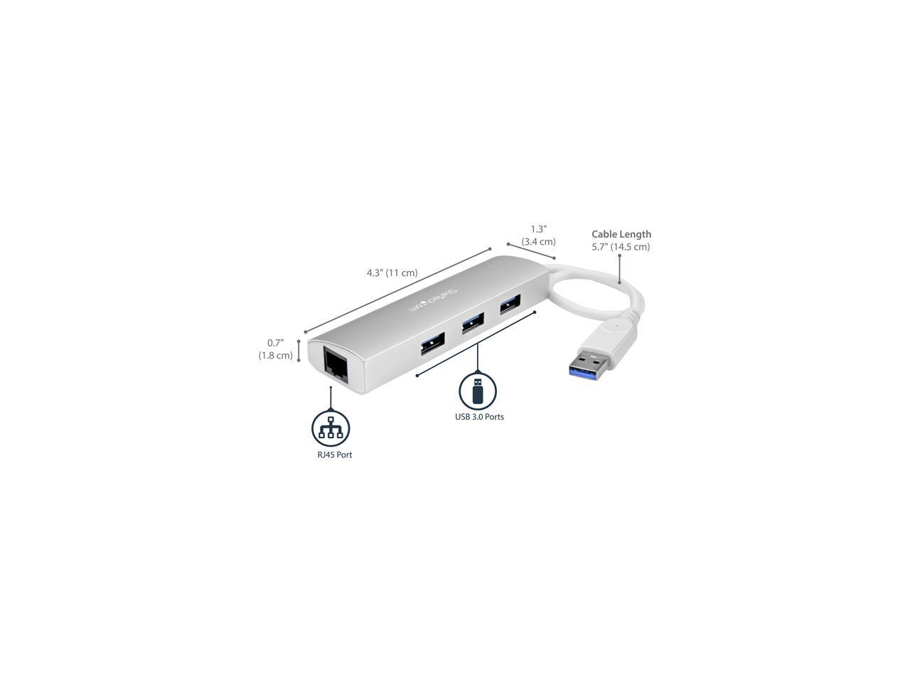 StarTech.com ST3300G3UA 3 Port Portable USB 3.0 Hub plus Gigabit Ethernet - Built-In Cable - Aluminum USB Hub with GbE Adapter - Compact USB 3 Hub