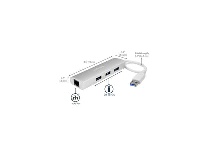 StarTech.com ST3300G3UA 3 Port Portable USB 3.0 Hub plus Gigabit Ethernet - Built-In Cable - Aluminum USB Hub with GbE Adapter - Compact USB 3 Hub