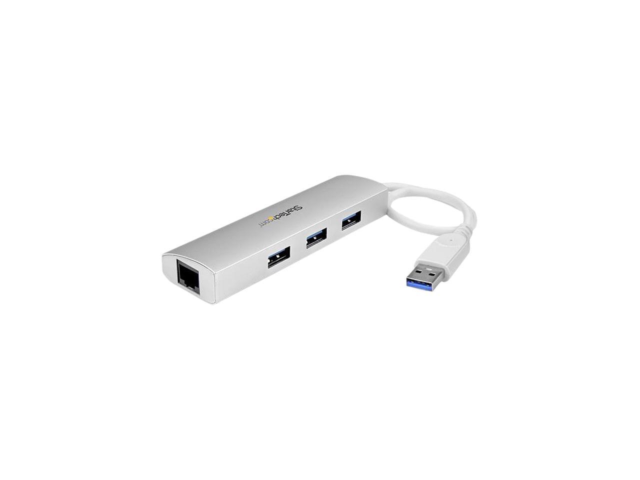 StarTech.com ST3300G3UA 3 Port Portable USB 3.0 Hub plus Gigabit Ethernet - Built-In Cable - Aluminum USB Hub with GbE Adapter - Compact USB 3 Hub