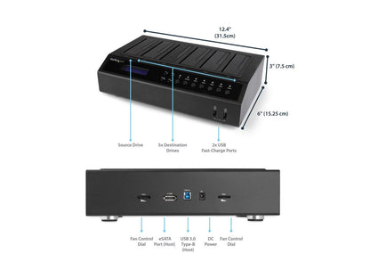 StarTech.com SATDOCK5U3ER USB 3.0 / eSATA 6-Bay SATA Hard Drive Duplicator Dock - 1:5 HDD / SSD Cloner and Eraser - 2.5/3.5in HDD Docking Station