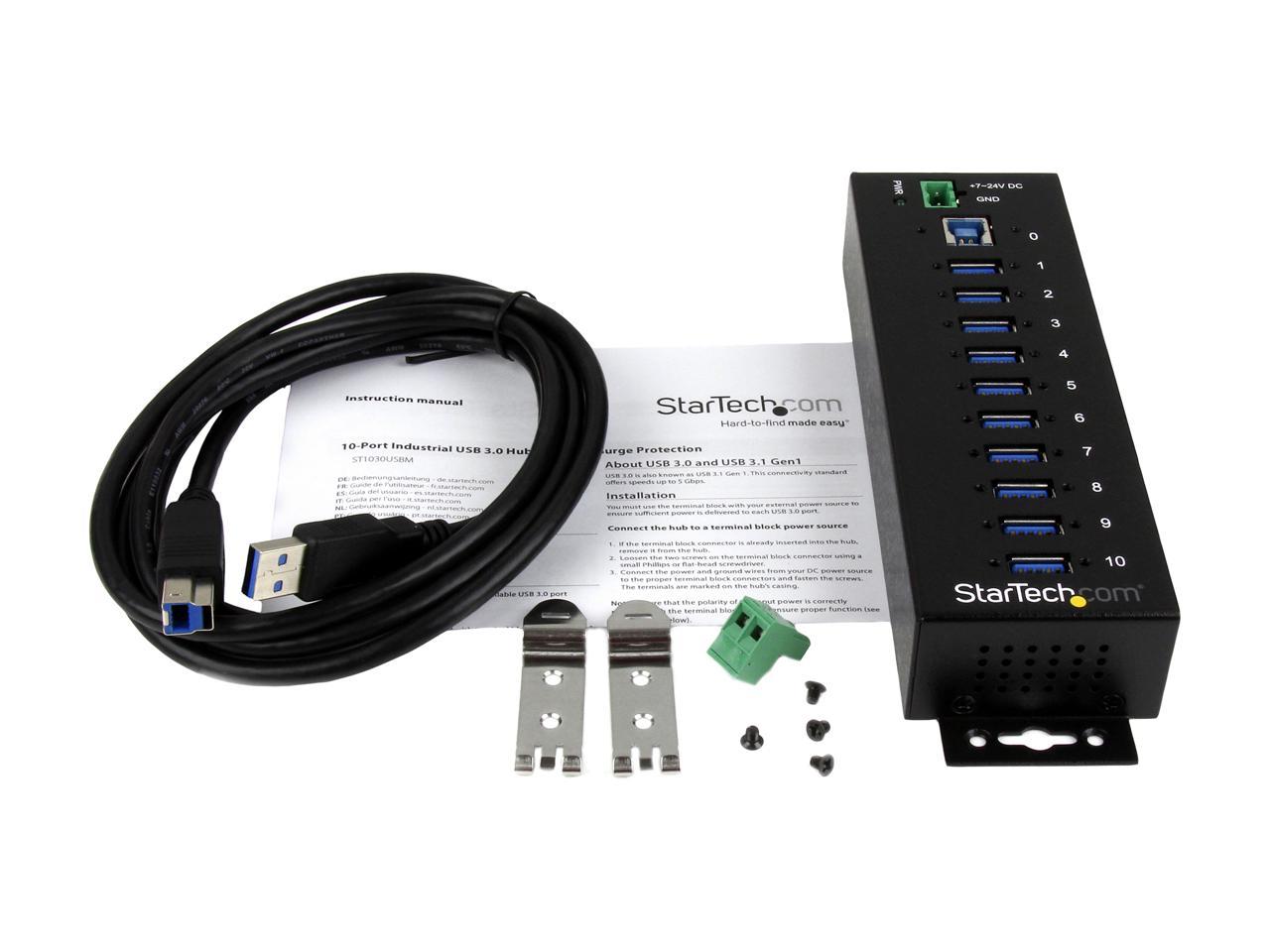 StarTech.com ST1030USBM 10 Port USB 3.0 Hub - Industrial - ESD and Surge Protection - DIN Rail or Surface Mountable - Metal - Powered USB Hub