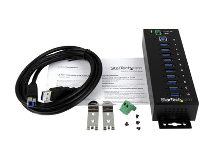 StarTech.com ST1030USBM 10 Port USB 3.0 Hub - Industrial - ESD and Surge Protection - DIN Rail or Surface Mountable - Metal - Powered USB Hub