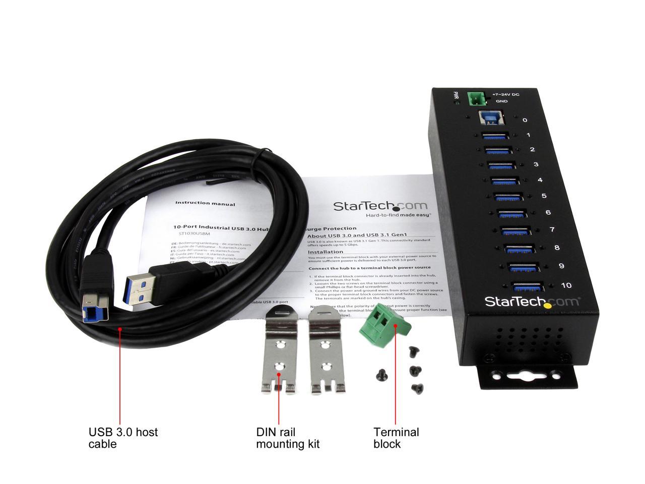 StarTech.com ST1030USBM 10 Port USB 3.0 Hub - Industrial - ESD and Surge Protection - DIN Rail or Surface Mountable - Metal - Powered USB Hub