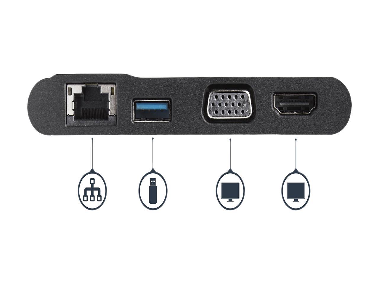 StarTech.com SUSB-C Multiport Adapter USB-C Travel Dock with 4K HDMI or 1080p VGA - Gigabit Ethernet, 5Gbps USB-A 3.0 - USB-C Digital AV Adapter Converter - USB Type-C/Thunderbolt 3 Laptop (DKT30CHV)