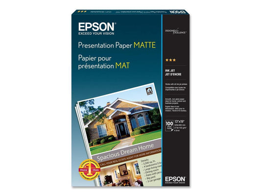 Epson S041069 Matte Presentation Paper, 27 lbs., Matte, 13 x 19, 100 Sheets/Pack