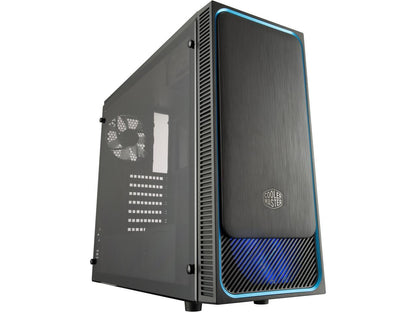 Cooler Master MasterBox E500L ATX Mid-Tower w/ Front Sliding Brushed Panel, Blue Accent Trim, Transparent Acrylic Side Panel and Blue LED Fans