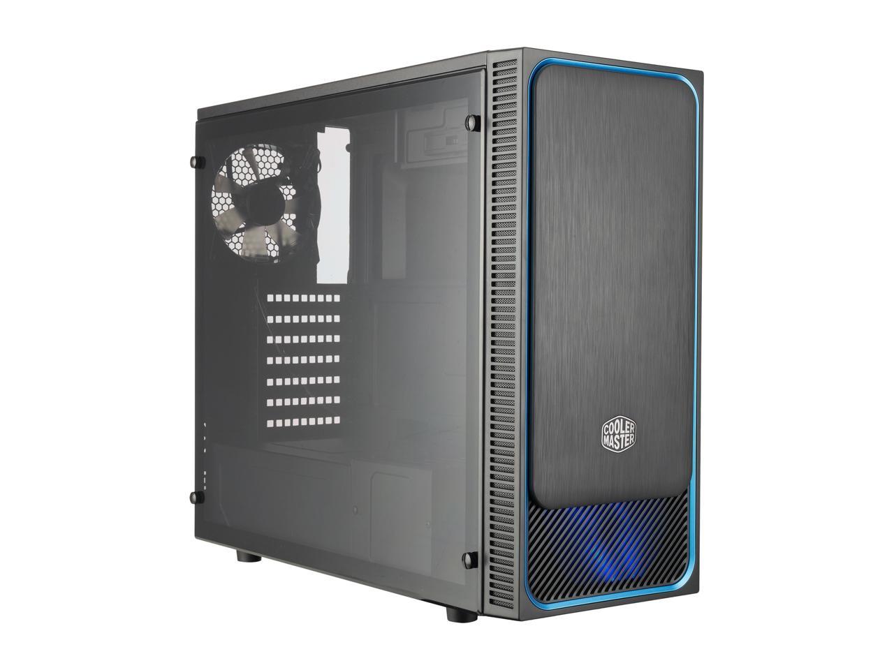 Cooler Master MasterBox E500L ATX Mid-Tower w/ Front Sliding Brushed Panel, Blue Accent Trim, Transparent Acrylic Side Panel and Blue LED Fans