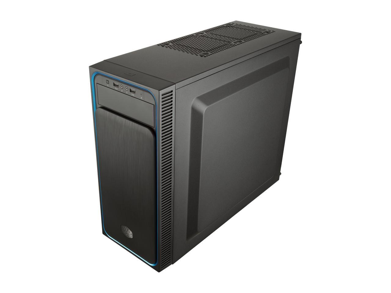 Cooler Master MasterBox E500L ATX Mid-Tower w/ Front Sliding Brushed Panel, Blue Accent Trim, Transparent Acrylic Side Panel and Blue LED Fans