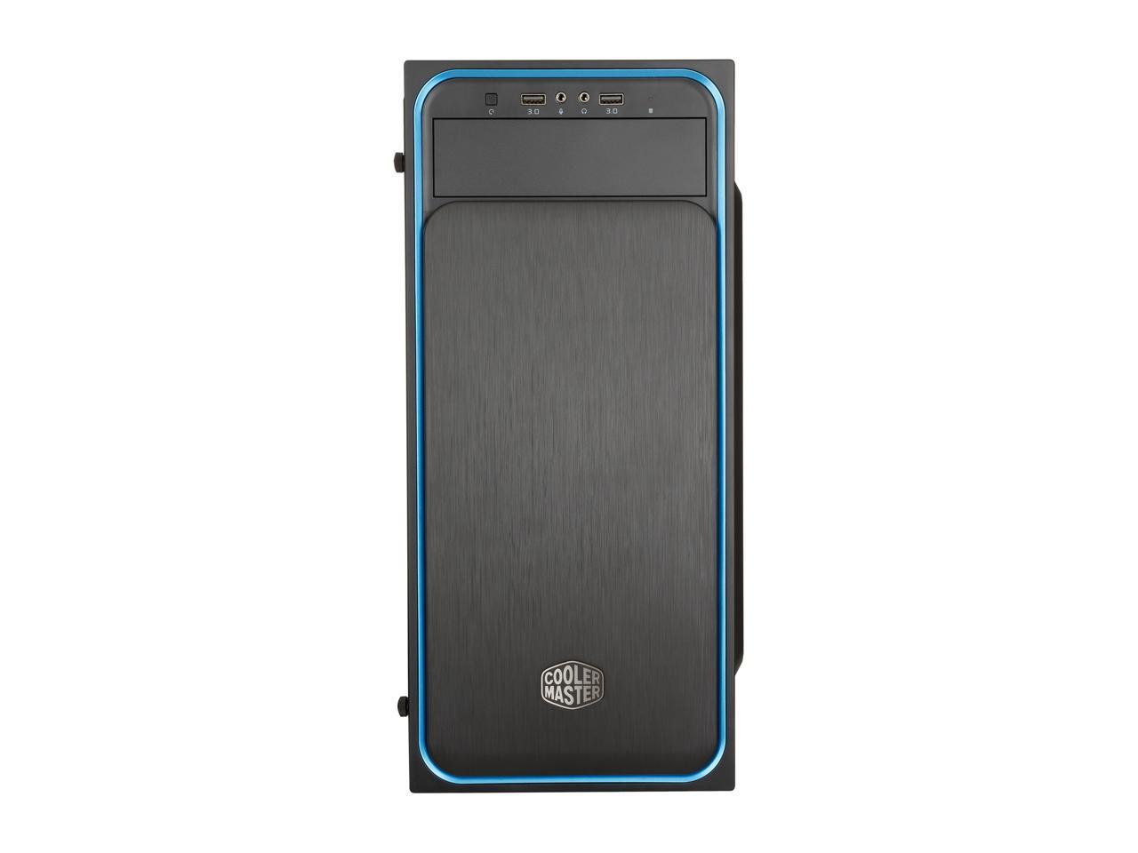 Cooler Master MasterBox E500L ATX Mid-Tower w/ Front Sliding Brushed Panel, Blue Accent Trim, Transparent Acrylic Side Panel and Blue LED Fans