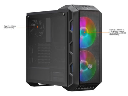 Cooler Master MasterCase H500 ARGB Airflow ATX Mid-Tower with Mesh and Transparent Front Panel Option, Dual 200mm ARGB Lighting Fans, and Tempered Glass