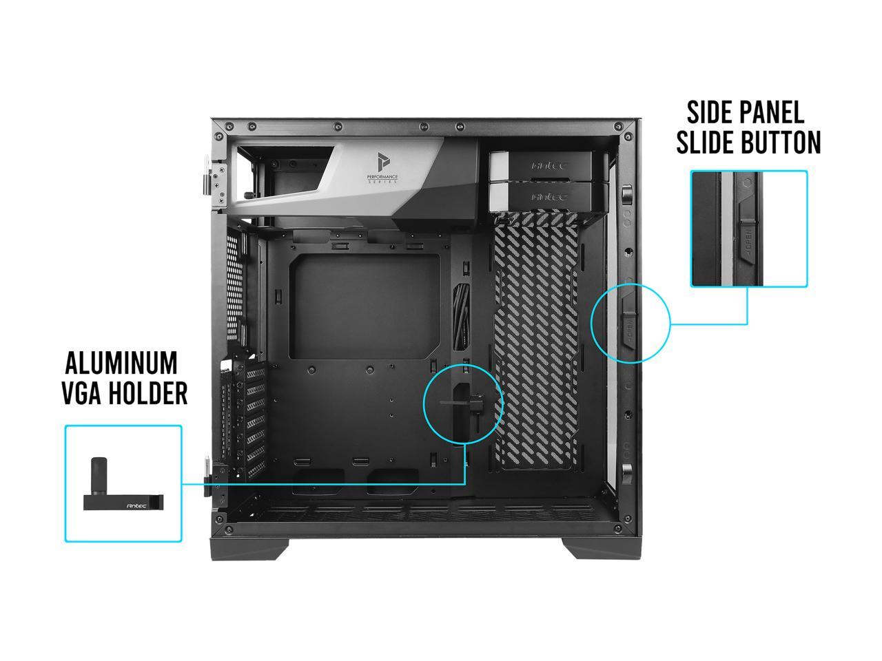 Antec Performance Series P120 Crystal E-ATX Mid-Tower Case, Tempered Glass Front & Side Panels, Slide Button Design, Ready for 2 x 360 mm Radiators Simultaneously, Aluminum VGA Holder Included