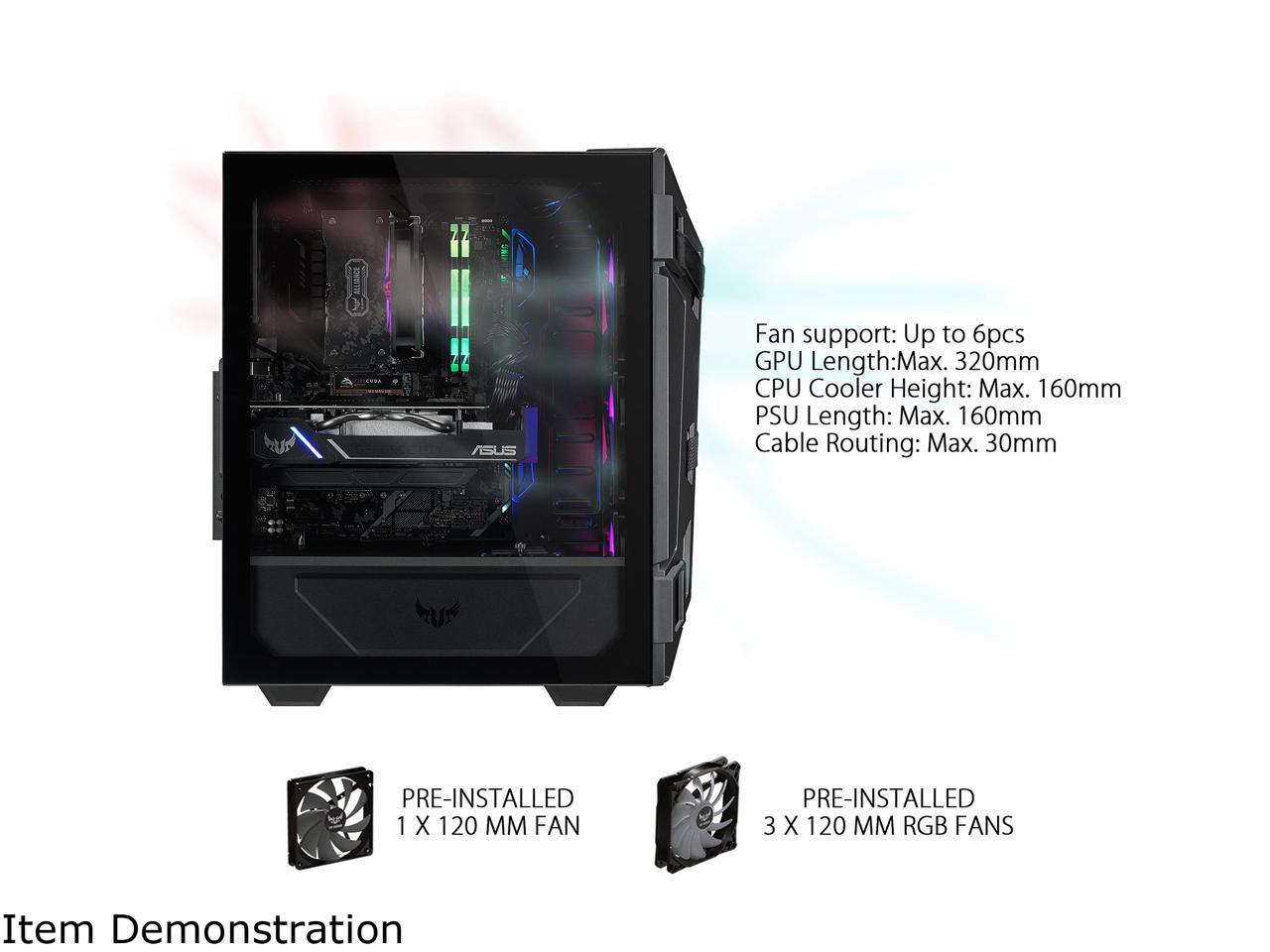 ASUS TUF Gaming GT301 Mid-Tower Compact Case for ATX Motherboards with Honeycomb Front Panel, 3 x 120mm AURA Addressable RBG Fans, Headphone Hanger, and 360mm Radiator Support, 2 x USB 3.2 Gen1 (USB 3.0) Prots