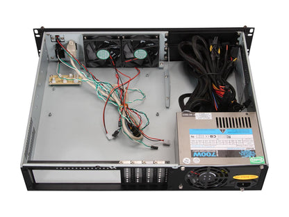 Athena Power RM-2U200H708 Black Aluminum Front Panel 2U Rackmount Server Case w/ Micro PS3 700W 80 PLUS BRONZE 2 External 5.25" Drive Bays, compact size under 14" Depth