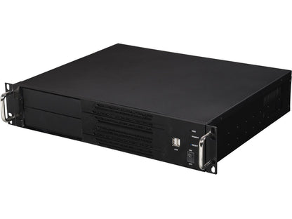 Athena Power RM-2U200HR65U2 Black Brushed Aluminum Front Bezel / 1.2mm SECC 2U Rackmount Server Case 2U 650W IPC Power supply (External) 5.25" up to 2 (Only 1 x 5.25" external bay with a m-ATX or ATX motherboard) External 5.25" Drive Bays - OEM