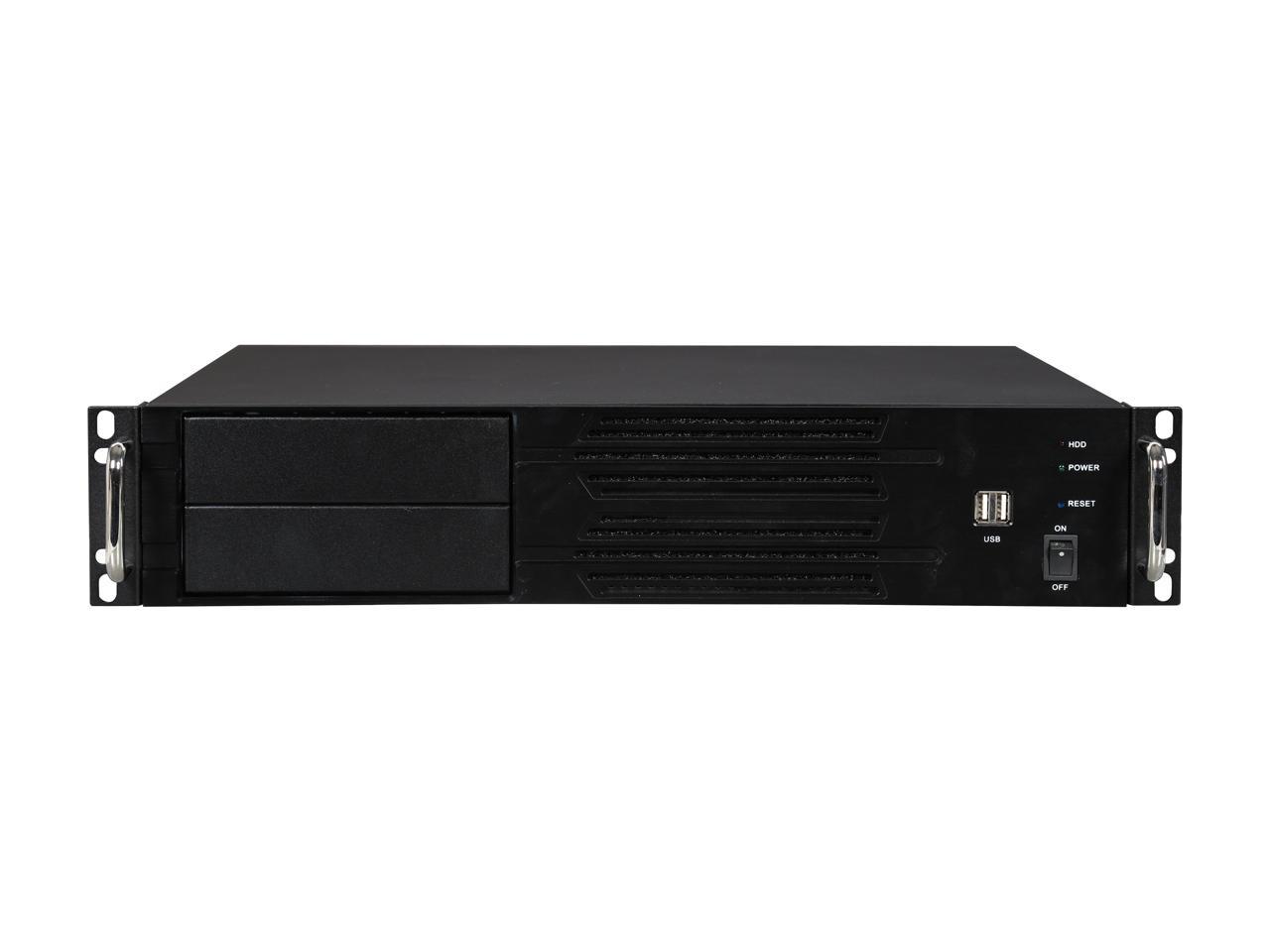 Athena Power RM-2U200HR65U2 Black Brushed Aluminum Front Bezel / 1.2mm SECC 2U Rackmount Server Case 2U 650W IPC Power supply (External) 5.25" up to 2 (Only 1 x 5.25" external bay with a m-ATX or ATX motherboard) External 5.25" Drive Bays - OEM