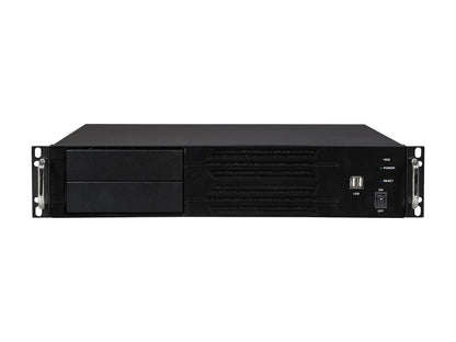 Athena Power RM-2U200HR65U2 Black Brushed Aluminum Front Bezel / 1.2mm SECC 2U Rackmount Server Case 2U 650W IPC Power supply (External) 5.25" up to 2 (Only 1 x 5.25" external bay with a m-ATX or ATX motherboard) External 5.25" Drive Bays - OEM