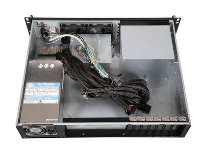 Athena Power RM-2U200HR65U2 Black Brushed Aluminum Front Bezel / 1.2mm SECC 2U Rackmount Server Case 2U 650W IPC Power supply (External) 5.25" up to 2 (Only 1 x 5.25" external bay with a m-ATX or ATX motherboard) External 5.25" Drive Bays - OEM
