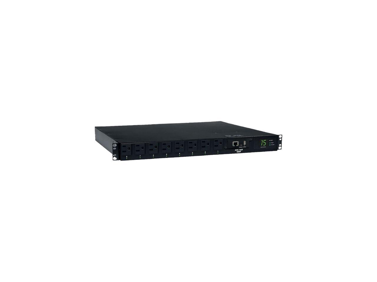 Tripp Lite Switched PDU with ATS, 1.4kW Single-Phase 120V (8 5-15R), 2 5-15P, 100 - 127V Input, 2 12 ft. Cords, 1U Rack-Mount, TAA (PDUMH15ATNET)