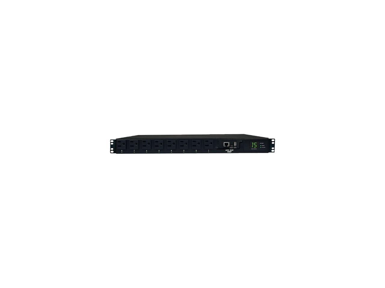 Tripp Lite Switched PDU with ATS, 1.4kW Single-Phase 120V (8 5-15R), 2 5-15P, 100 - 127V Input, 2 12 ft. Cords, 1U Rack-Mount, TAA (PDUMH15ATNET)