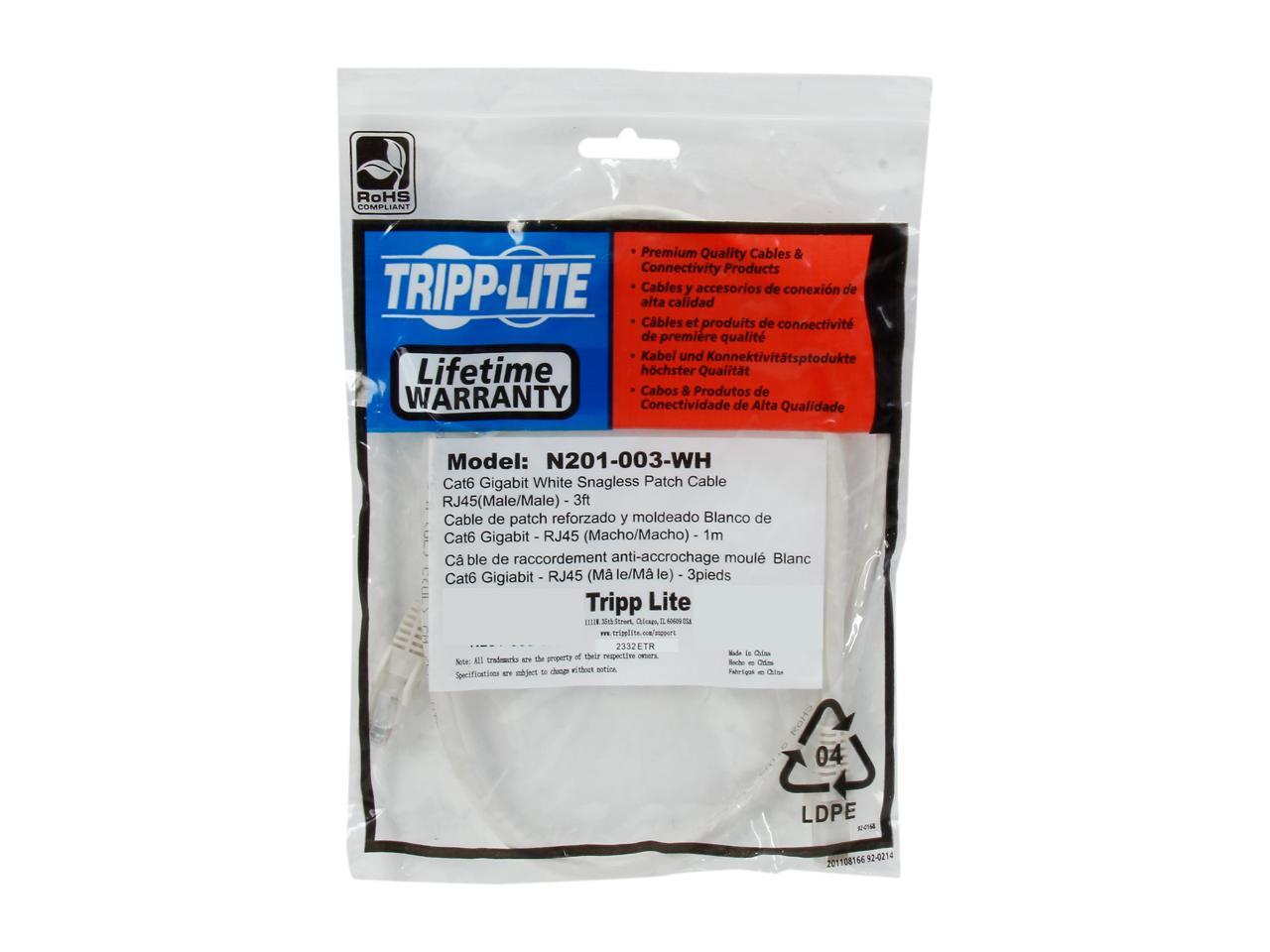 TRIPP LITE N201-003-WH 3 ft. Cat 6 White Gigabit Snagless Molded Patch Cable