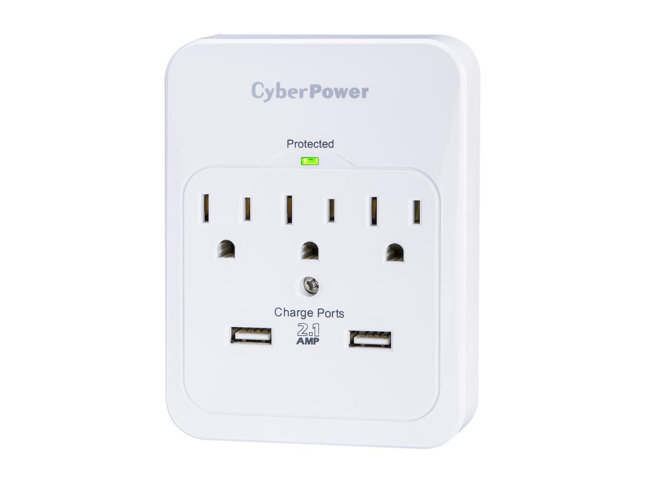 CyberPower CSP300WUR1 Surge Protector 3-AC Outlet with 2 USB Charging Ports