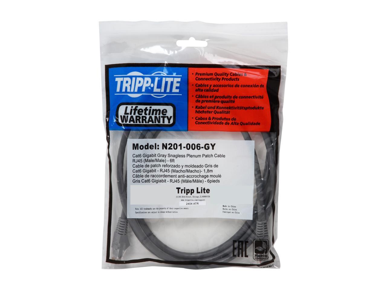 TRIPP LITE N201-006-GY 6 ft. Cat 6 Gray Gigabit Snagless Molded Patch Cable