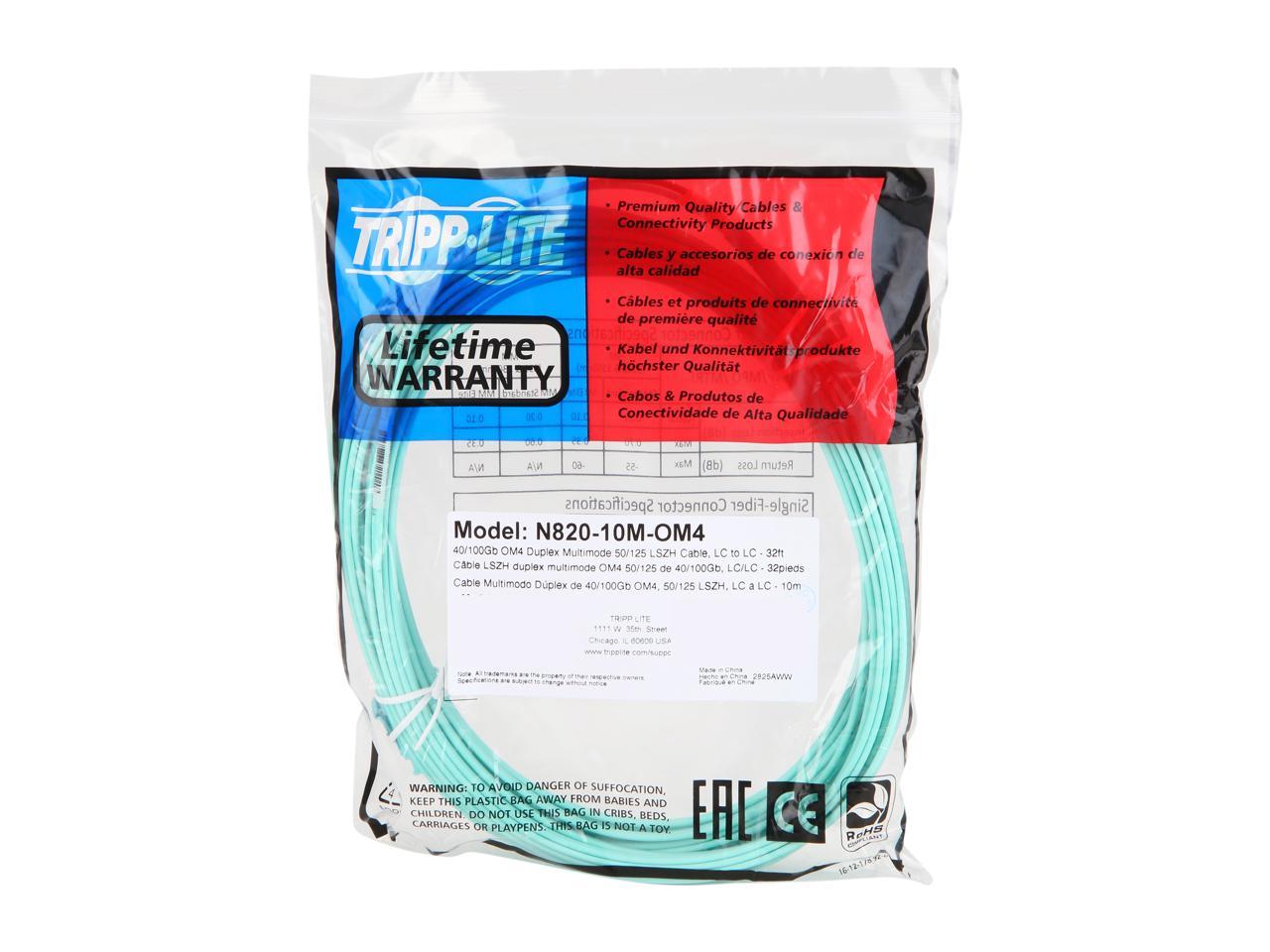 Tripp Lite N820-10M-OM4 33 ft. 10/100Gb Duplex MMF 50/125 OM4 LSZH Patch Cable (LC/LC)