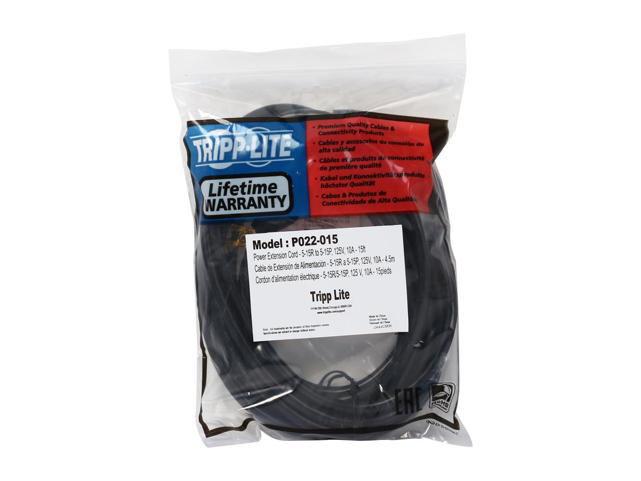 Tripp Lite Model P022-015 15 ft. Power Extension Cord, NEMA 5-15P to NEMA 5-15R - 10A, 120V, 18 AWG, 15 ft. Black