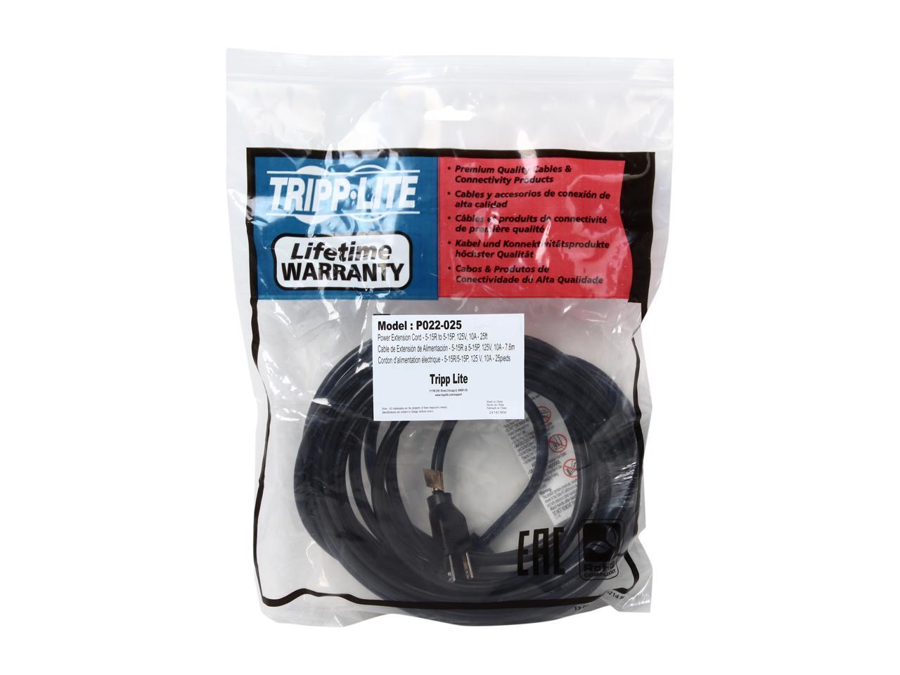 Tripp Lite Model P022-025 25 ft. Power Extension Cord, NEMA 5-15P to NEMA 5-15R - 10A, 120V, 18 AWG, 25 ft. Black