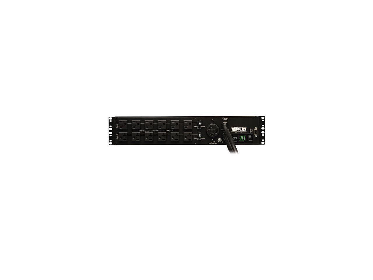 Tripp Lite Metered PDU with ATS, 2.9 kW Single-Phase 120V Outlets (24 x 5-15/20R, 1 x L5-30R), 2 x L5-30P, 2 x 10 Feet Cords, 2U Rack-Mount, TAA (PDUMH30AT)