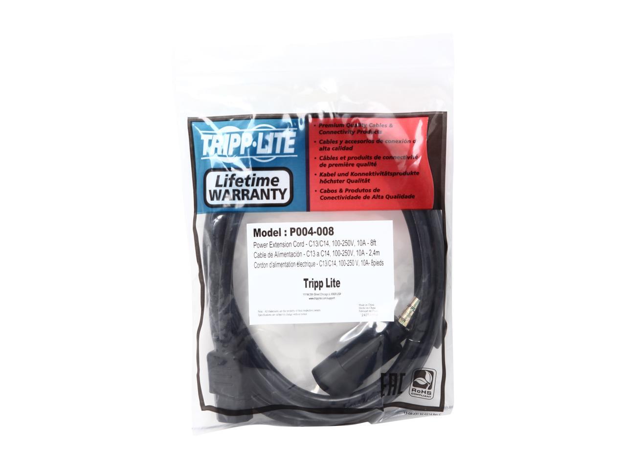 Tripp Lite Model P004-008 8 ft. Black 18AWG SJT, 10A, 100-250V IEC-320-C14 to IEC-320-C13 Power Cord Male to Female