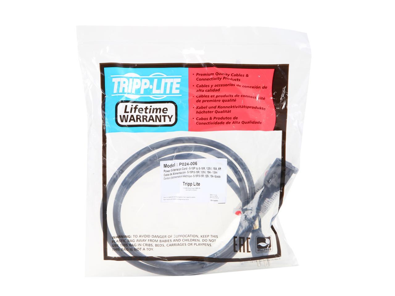 Tripp Lite Heavy-Duty Power Extension Cord, 15A, 14AWG (NEMA 5-15P to NEMA 5-15R), 6-ft. (P024-006)