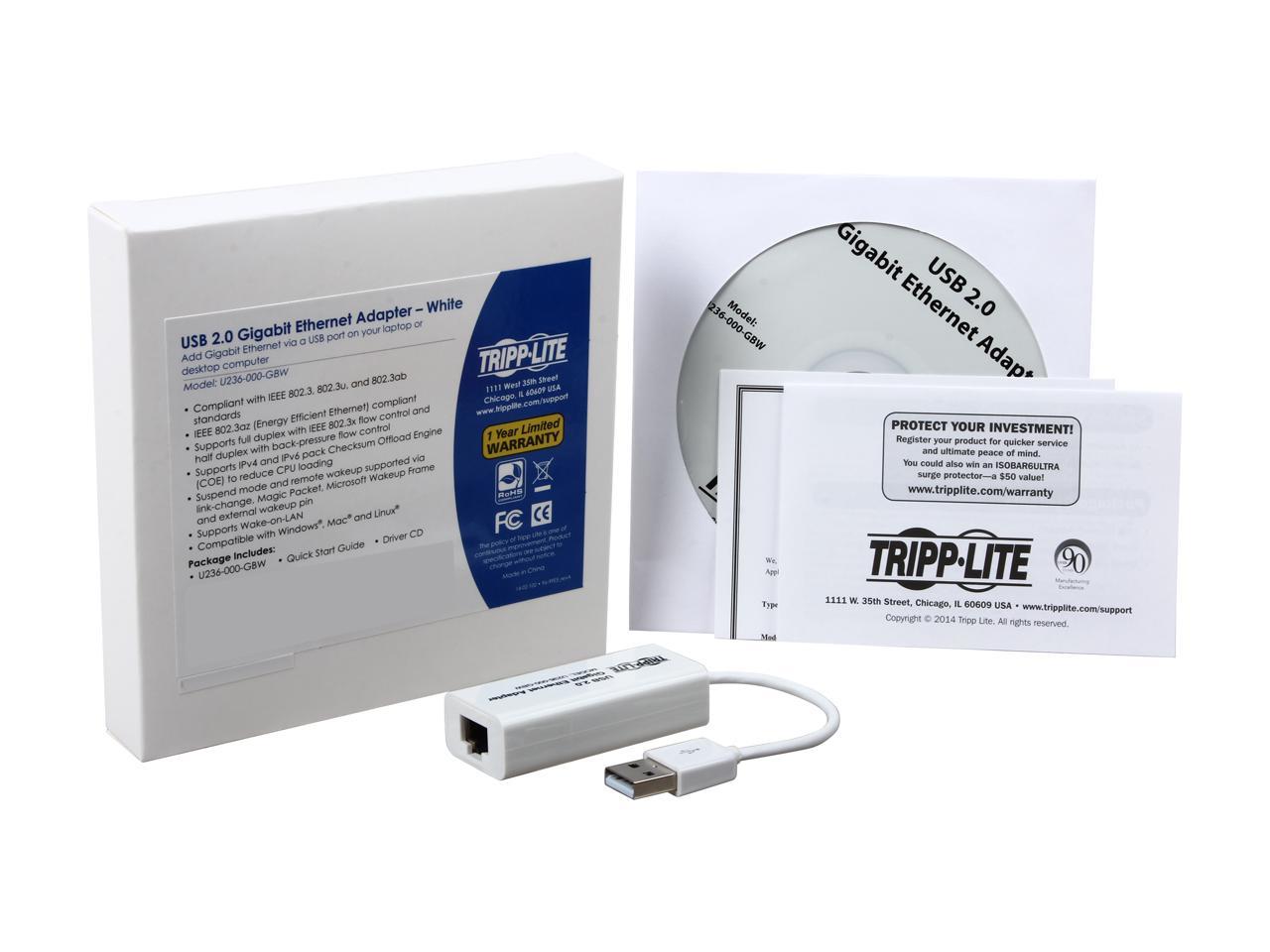 Tripp Lite U236-000-GBW USB 2.0 Hi-Speed to Gigabit Ethernet NIC Network Adapter White