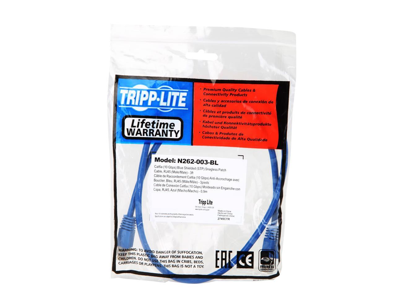 TRIPP LITE N262-003-BL 3 ft. Cat 6A Blue Shielded Augmented Cat6 (Cat6a) Shielded (STP) Snagless 10G Certified Patch Cable, (RJ45 M/M)