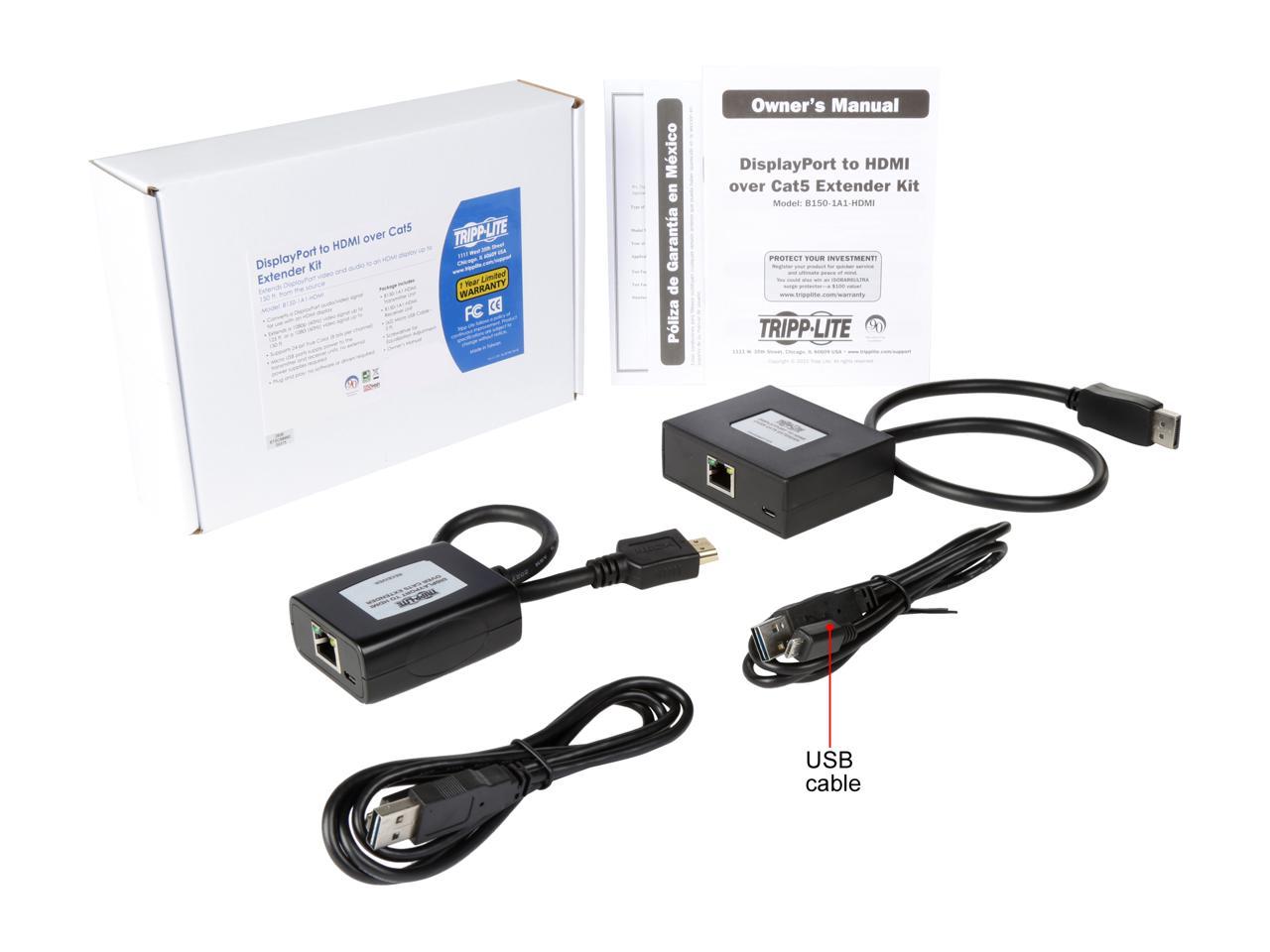 Tripp Lite DisplayPort to HDMI Over Cat5/6 Active Extender Kit, Pigtail-Style Transmitter & Receiver, Video/Audio, 1080/60p, Up to 150ft. (B150-1A1-HDMI)