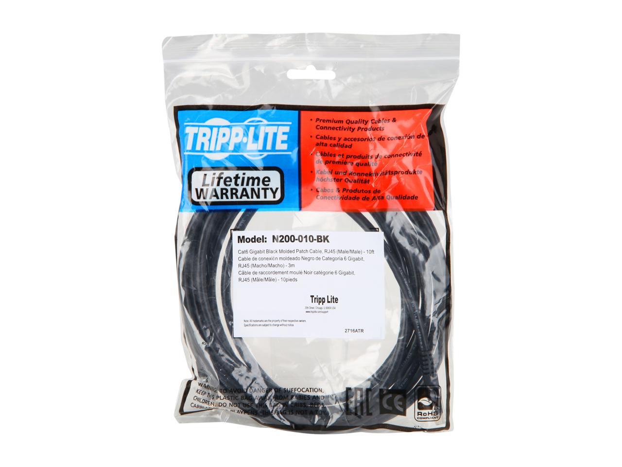 Tripp Lite Cat6 Gigabit Molded Patch Cable, 10 ft. RJ45 (M/M), 550MHz 24 AWG Black 10' (N200-010-BK)
