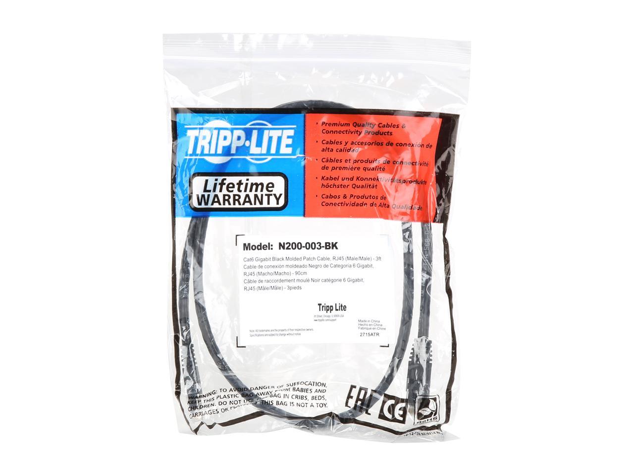 Tripp Lite Cat6 Gigabit Molded Patch Cable, 3 ft. RJ45 (M/M), 550MHz 24 AWG Black 3' (N200-003-BK)