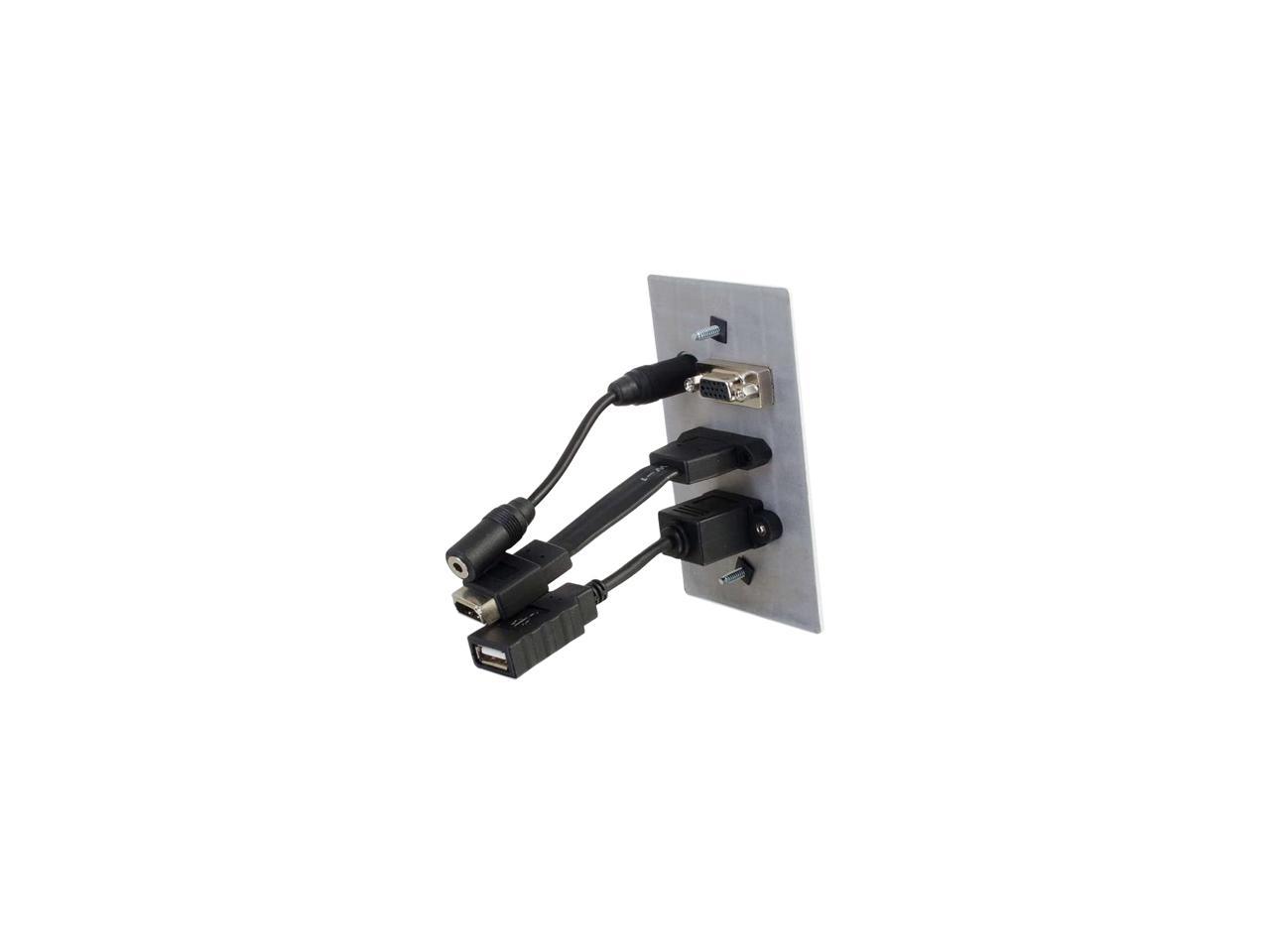 HDMI, VGA, 3.5MM AUDIO AND USB PASS THROUGH SINGLE GANG WALL PLATE - ALUMINUM